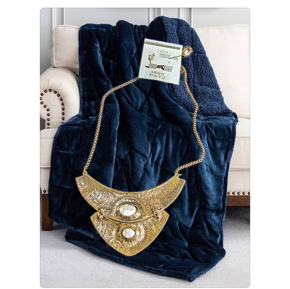 Gold Tone Statement Bib Necklace with Matching Earrings with Clear Rhinestones - Picture 4 of 4